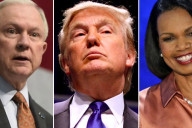 Sen. Jeff Sessions (left), Donald J. Trump (center), and former Secretary of State Condoleezza Rice (right)