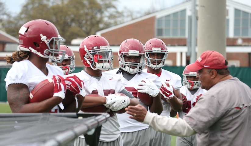 Derrick Henry (left) works at practice with the running backs. (Photo via UA Athletics)