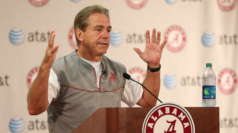 Nick Saban speaks to the media. (Photo via UA Athletics)