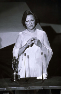 Louise Fletcher, winner Best Actress for “One Flew Over the Cuckoo’s Nest,” signing at the 48th annual Academy Awards. (ABC photo archives)