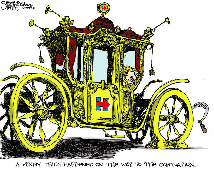Scott Stantis' cartoon on Bernie Sanders' derailing the Hillary Clinton coronation.