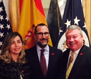 BBVA executive Eva Piera and U.S. Ambassador James Costos pose with Alabama Commerce Secretary Greg Canfield during the trade mission stop in Madrid. Costos and Piera are wearing ‘Made In Alabama’ lapel pins.