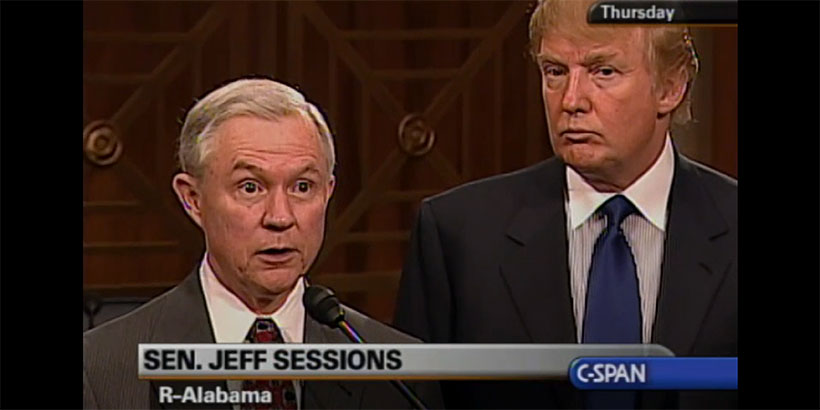 Sen. Jeff Sessions (R-AL) with Donald Trump after a Senate Subcommittee meeting in 2005
