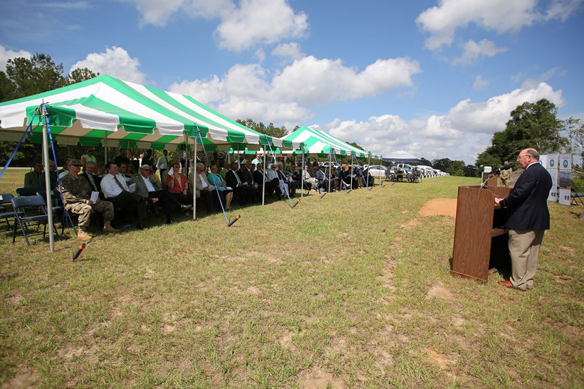 Russel Hall, Deputy to the Commanding General Fort Rucker, makes remarks as officials from Alabama Power, the Army and other federal agencies gather at Fort Rucker on Thursday, June 2, 2016, to break ground on the company’s second, large-scale solar energy project. (Mike Kittrell/Alabama NewsCenter) 