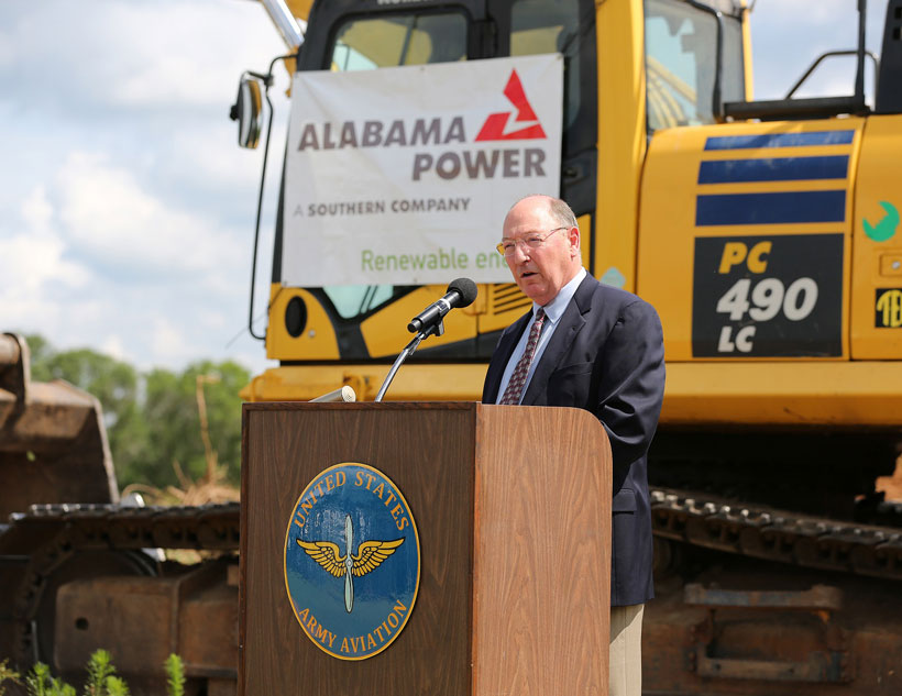 Russel Hall, Deputy to the Commanding General Fort Rucker, makes remarks as officials from Alabama Power, the Army and other federal agencies gather at Fort Rucker on Thursday, June 2, 2016, to break ground on the company’s second, large-scale solar energy project. (Mike Kittrell/Alabama NewsCenter)