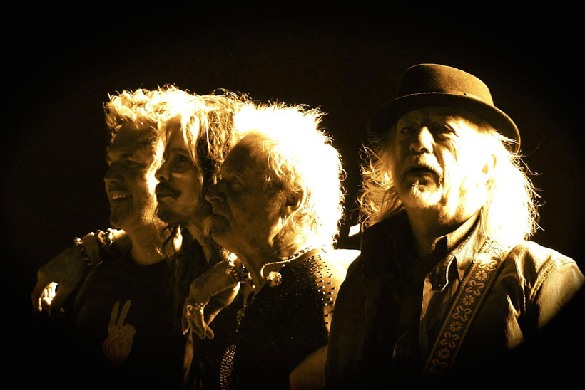 Buck Johnson, far left, is shown on stage with Aerosmith’s Steven Tyler, Joey Kramer and Brad Whitford. (Photo/Matteo Abruzzo)