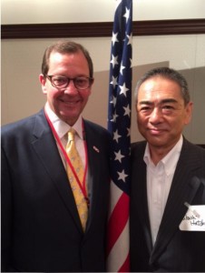 Alabama Honorary Consul General of Japan Mark Jackson stands with former Hitachi North America chairman Takashi Hatchoji while in Tokyo for the Southeast U.S. Japan joint meeting.