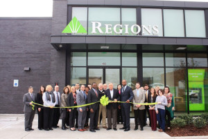 Regions Bank, Trussville Chamber of Commerce and Trussville city officials cut the ribbon on the new Regions Bank branch in downtown Trussville. (contributed)