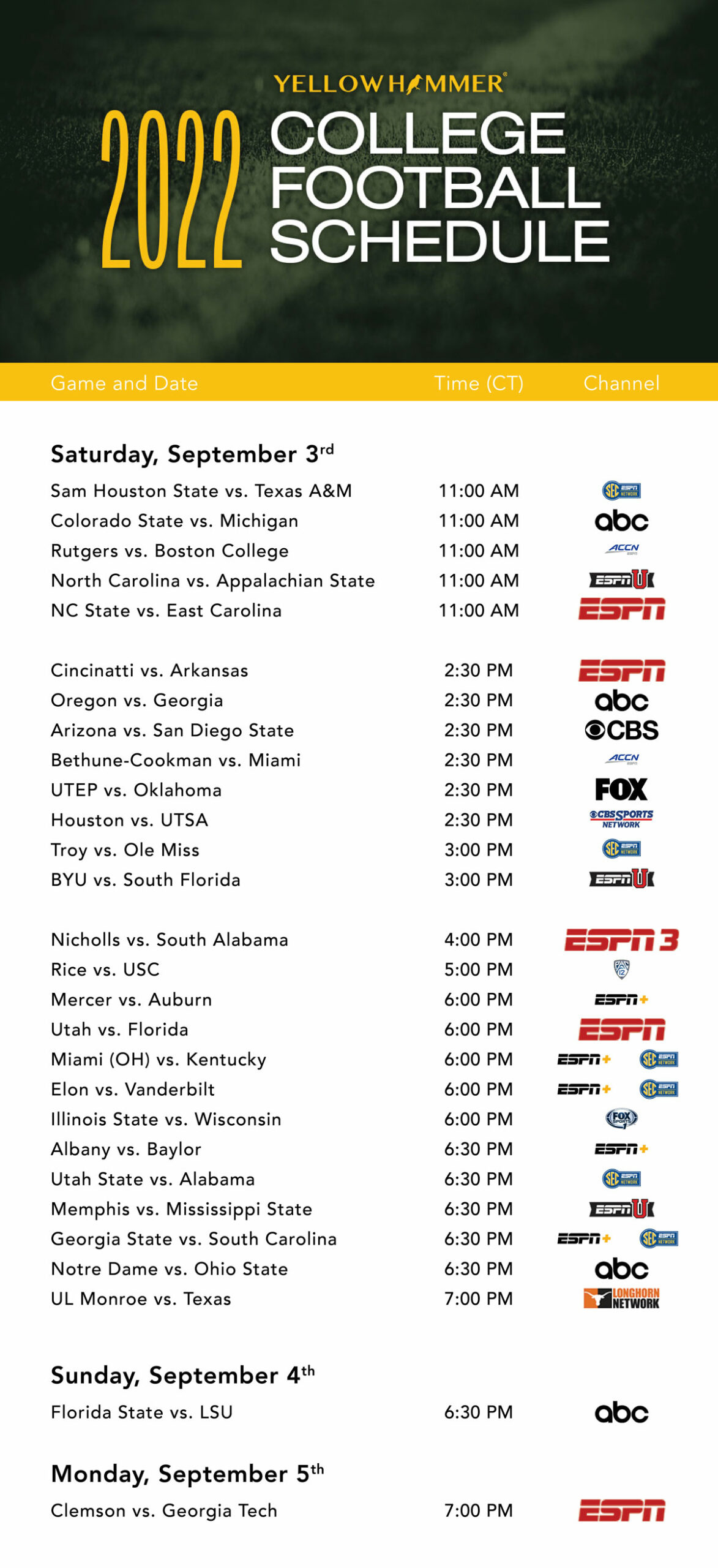 football games today tv schedule
