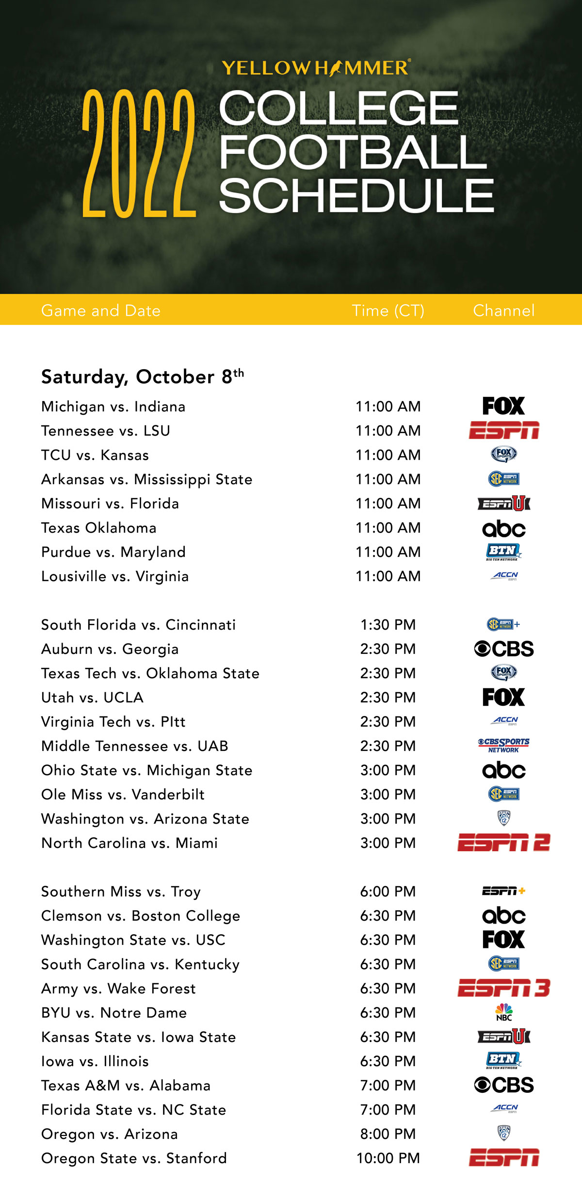 College football TV schedule and times