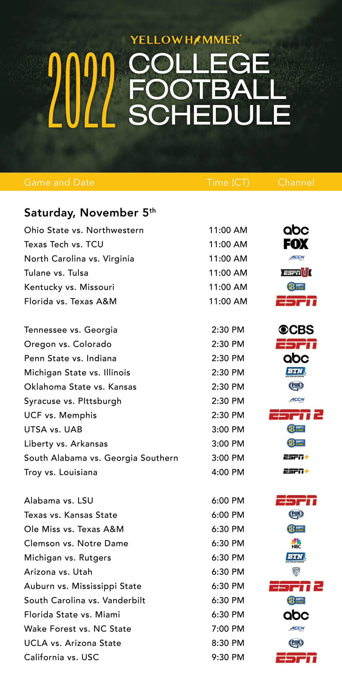 This Weekend s College Football TV Schedule Yellowhammer News