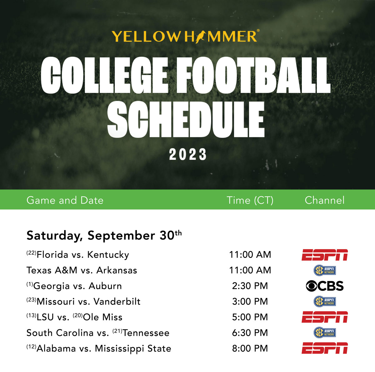 This Weekend s College Football TV Schedule Yellowhammer News