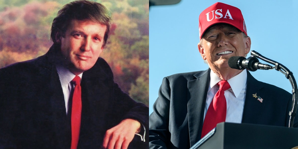 Side-by-side image of Donald Trump — on the left as a young businessman wearing a suit and red tie with a wooded background, and on the right as an older man speaking at a podium, smiling, wearing a red ‘USA’ hat, dark suit, and red tie.