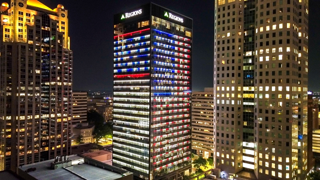 Regions tower in downtown Birmingham lit red, white and blue for July 4th