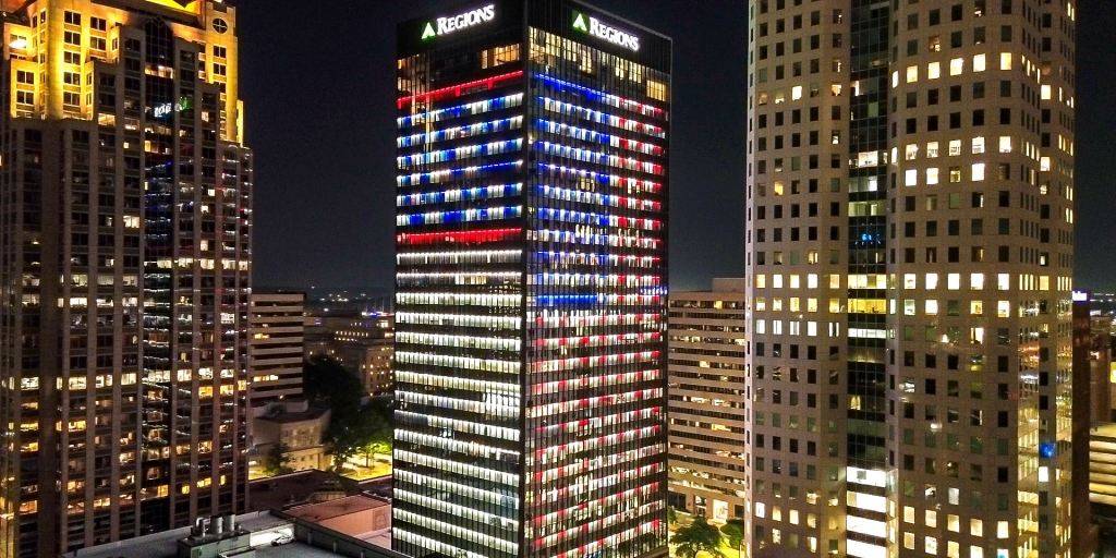 Regions tower in downtown Birmingham lit red, white and blue for July 4th